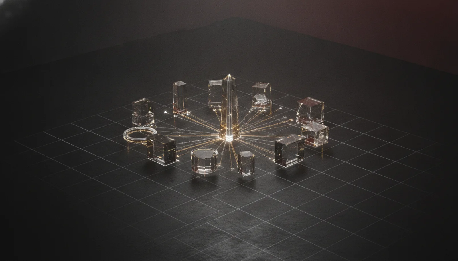 A digital twin of a financial ecosystem: translucent glass blocks standing for banks, networks and regulators, arranged around a taller central tower and wired together by luminous gold filaments on a dark grid