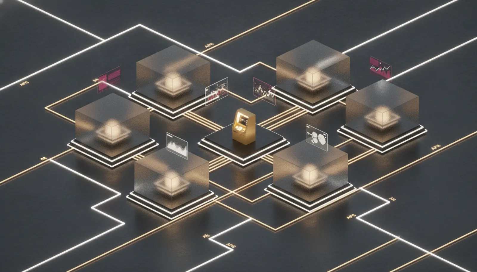 Isometric illustration of interconnected software sandboxes: translucent modules linked by golden data streams around a central ATM terminal